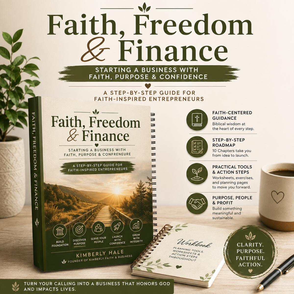 Faith, Freedom & Finance faith-based business startup guide with workbook tools for purpose, planning, branding, finances, marketing, and launching a business with confidence.