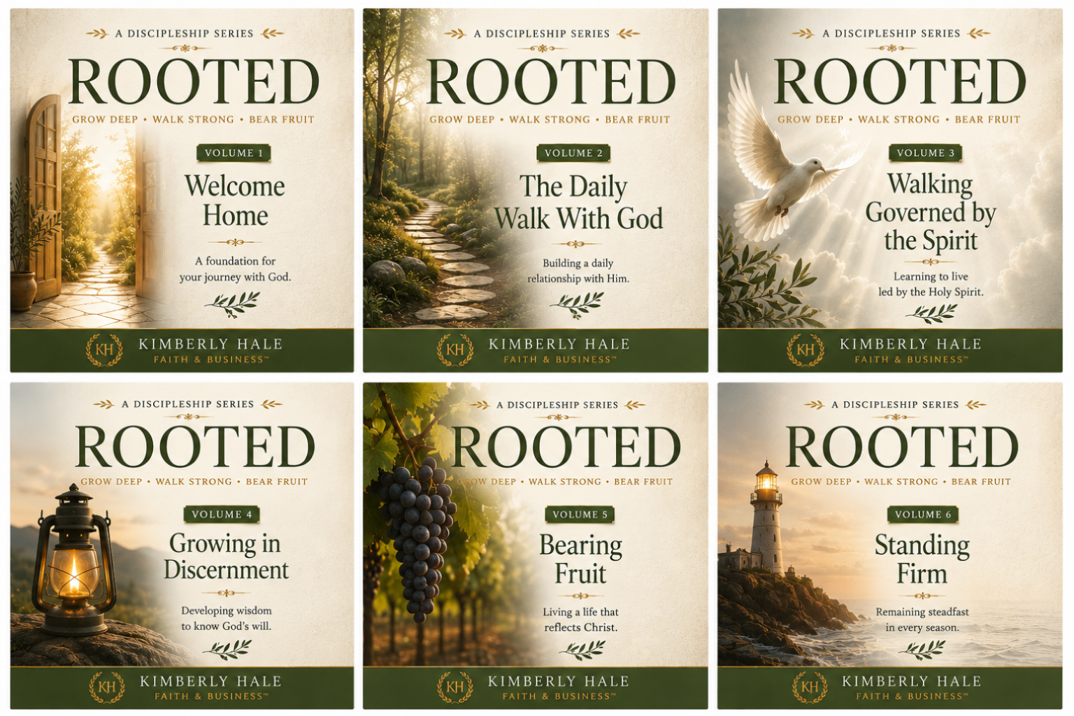 ROOTED™ The Complete Discipleship Collection by Kimberly Hale | Faith & Business™ featuring all six volumes: Welcome Home, The Daily Walk With God, Walking Governed by the Spirit, Growing in Discernment, Bearing Fruit, and Standing Firm.