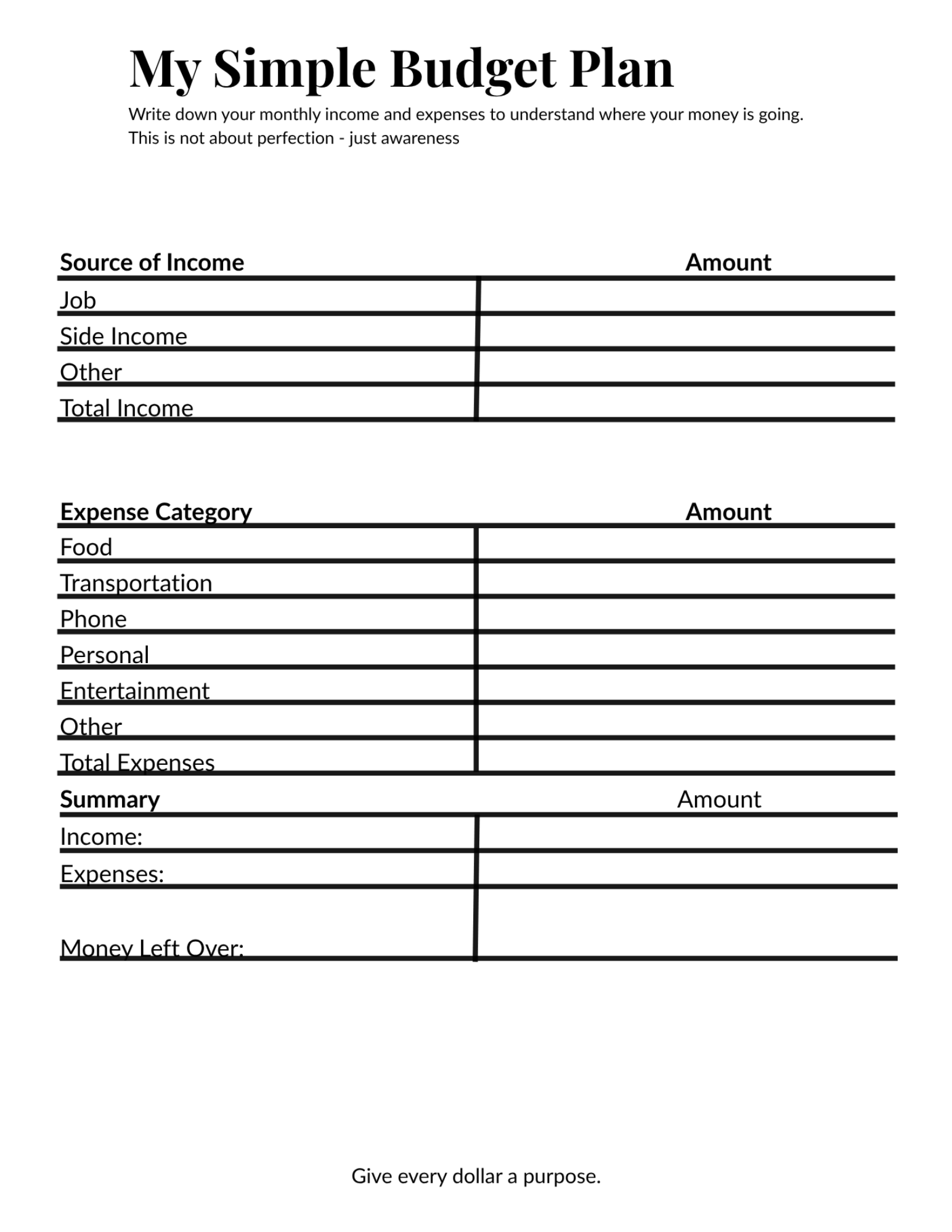 Simple monthly budget planner worksheet for beginners