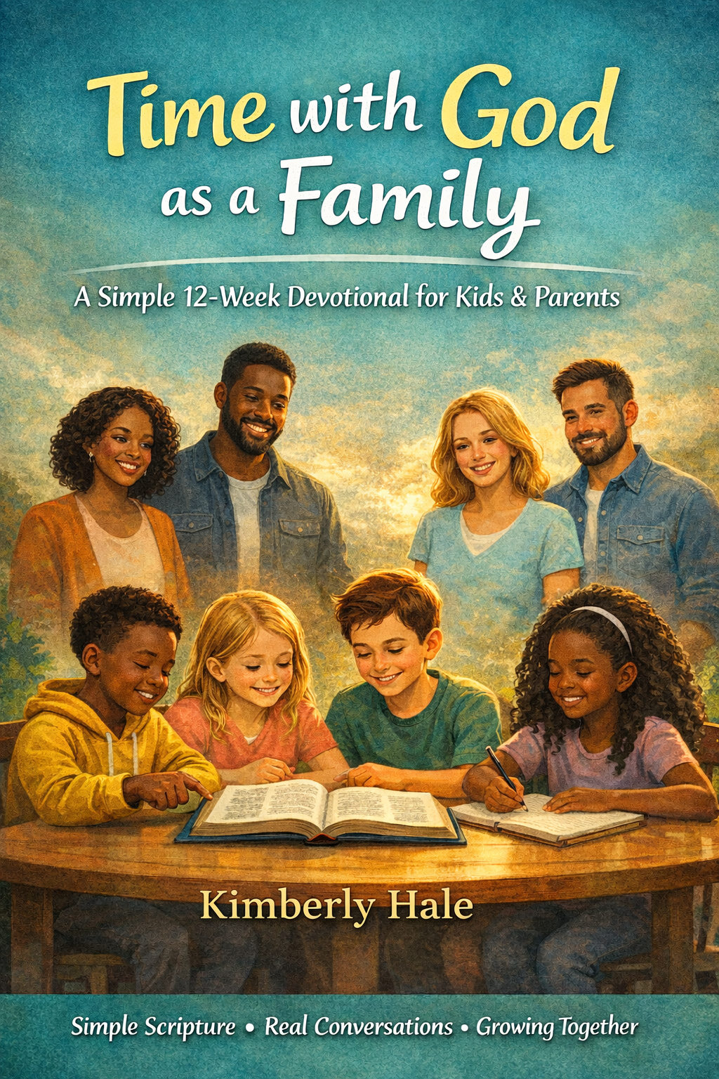 Book cover of 'Time with God as a Family' featuring a family around a table with a Bible.